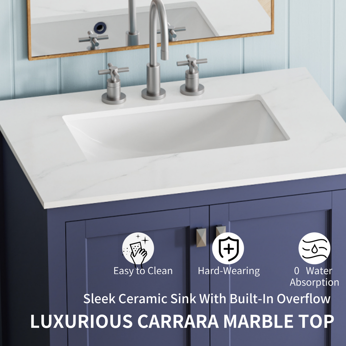 30 Inch Freestanding Bathroom Vanity With Sink, Carrara Engineered Marble Vanity Top With Undermounted Rectangular Ceramic Sink, Large Storage Soft Close Door, Navy Blue 24V03 30Nb Navy Blue Wood