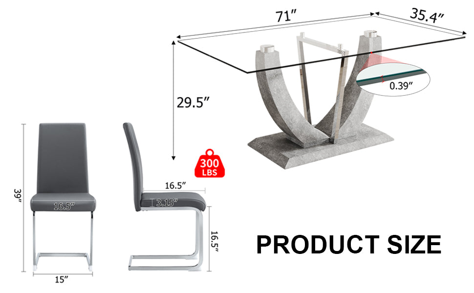 Table And Chair Set, Large Modern Rectangular Glass Table, Can Accommodate 6 8 People, Equipped With A 0.39 Inch Tempered Glass Tabletop And Large Mdf Table Legs, Comfortable And Soft Chairs. Transparent Mdf Glass