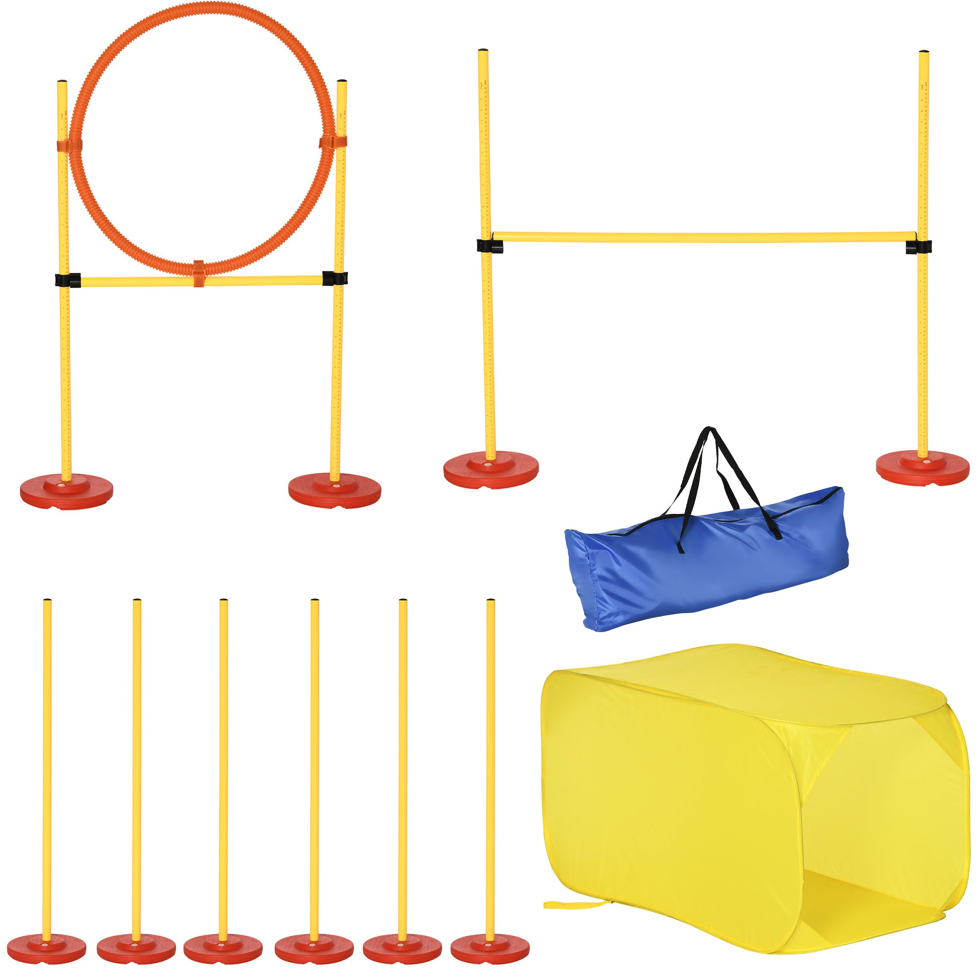 Pawhut 4 Piece Dog Agility Training Equipment Doggie Obstacle Course With Tunnel, Hurdle Bar, Hoop, Weave Poles, And Easy Carry Case Yellow Abs