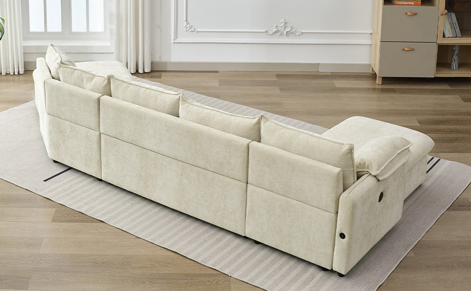 146.9" L Shaped Sofa Sectional Sofa Couch Pull Out Sofa Bed With A Movable Storage Ottoman, A Storage Chaise Lounge And Two Usb Ports For Living Room, Beige Beige Foam Linen 5 Seat