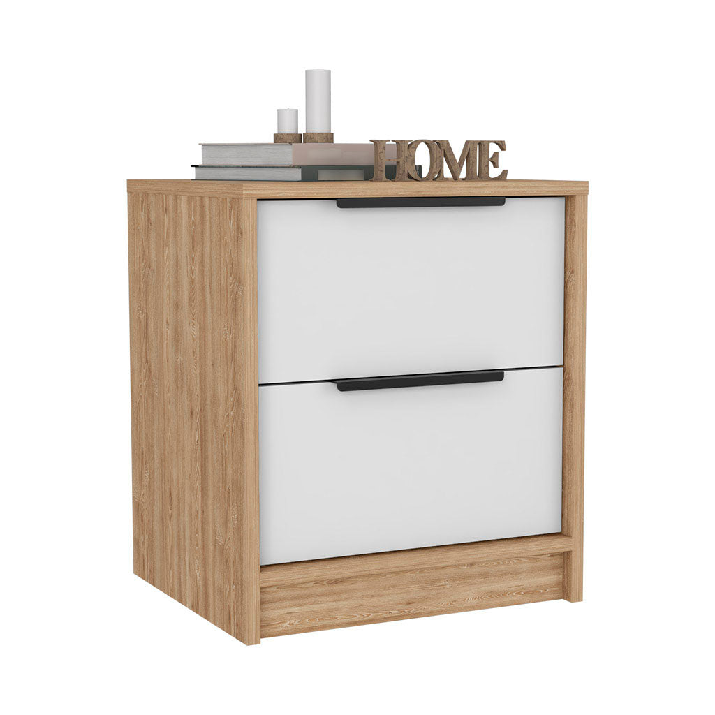 Modern Nightstand 19" H, Two Drawers, White Light Oak Multicolor Particle Board Particle Board