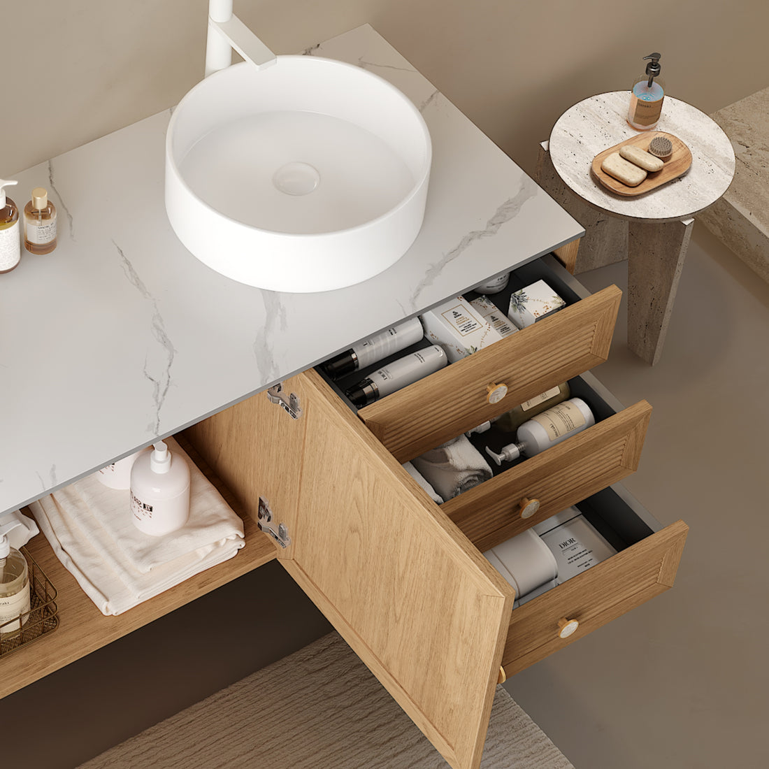 Munin 60" Bathroom Vanity With 2 Sinks, Freestanding Plywood Storage Cabinet With 5 Metal Legs, 3 Soft Closing Drawers And 2 Doors, White Ceramic Basin Without Faucet, Pre Assembled, Oak White Oak