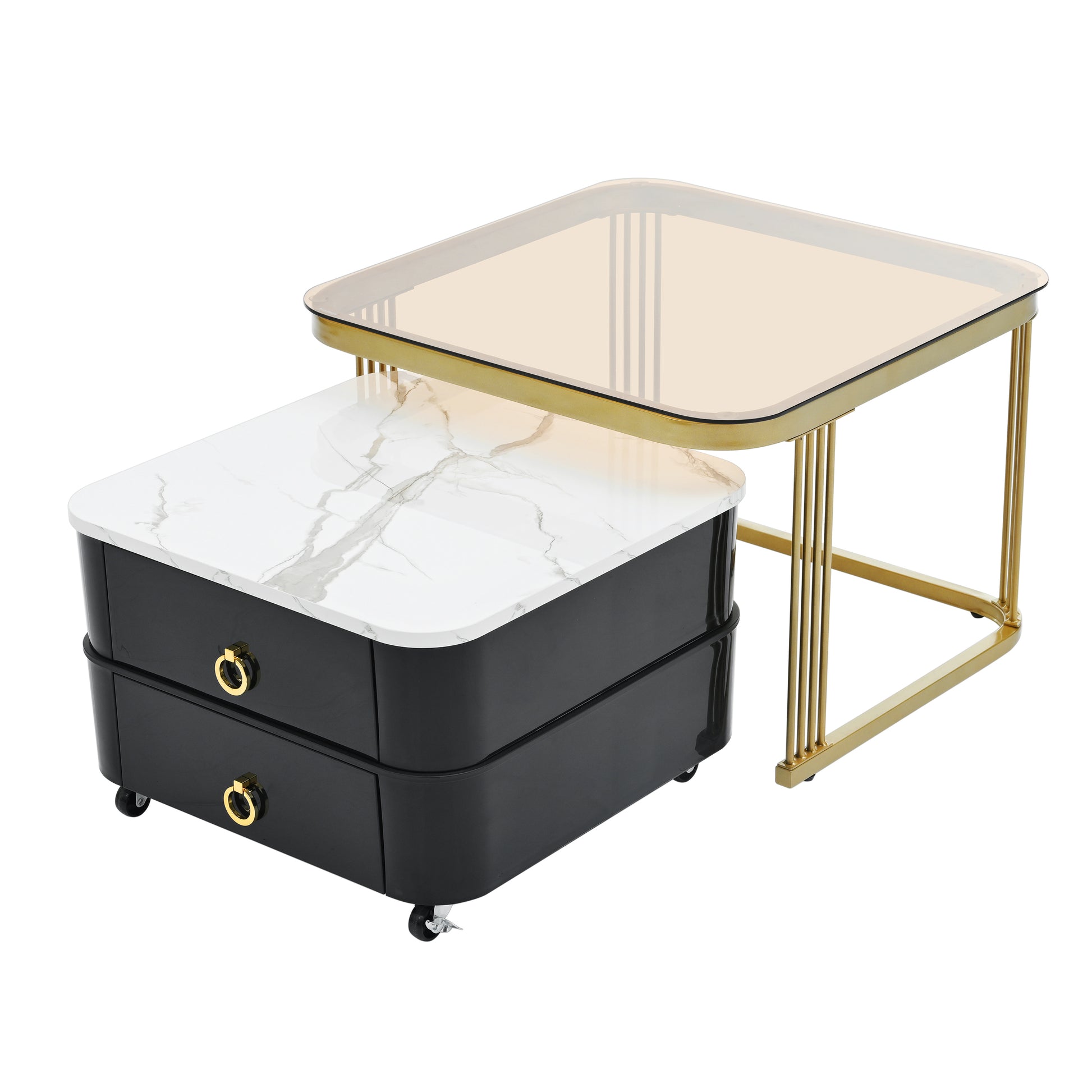2 In 1 Square Nesting Coffee Table With Wheels & Drawers, Stackable Side Table With High Gloss Marble Grain Top, End Table Set With Brown Tempered Glass For Living Room, Black Black Gold Primary Living Space Drawers Square Mdf Steel