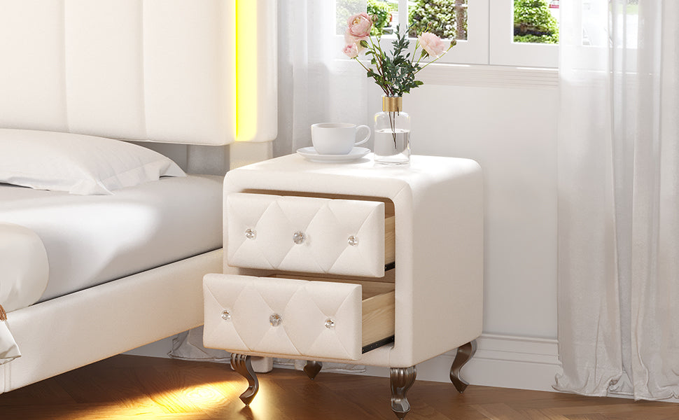 Elegant Pu Nightstand With 2 Drawers And Crystal Handle,Fully Assembled Except Legs&Handles,Storage Bedside Table With Metal Legs White White Pu