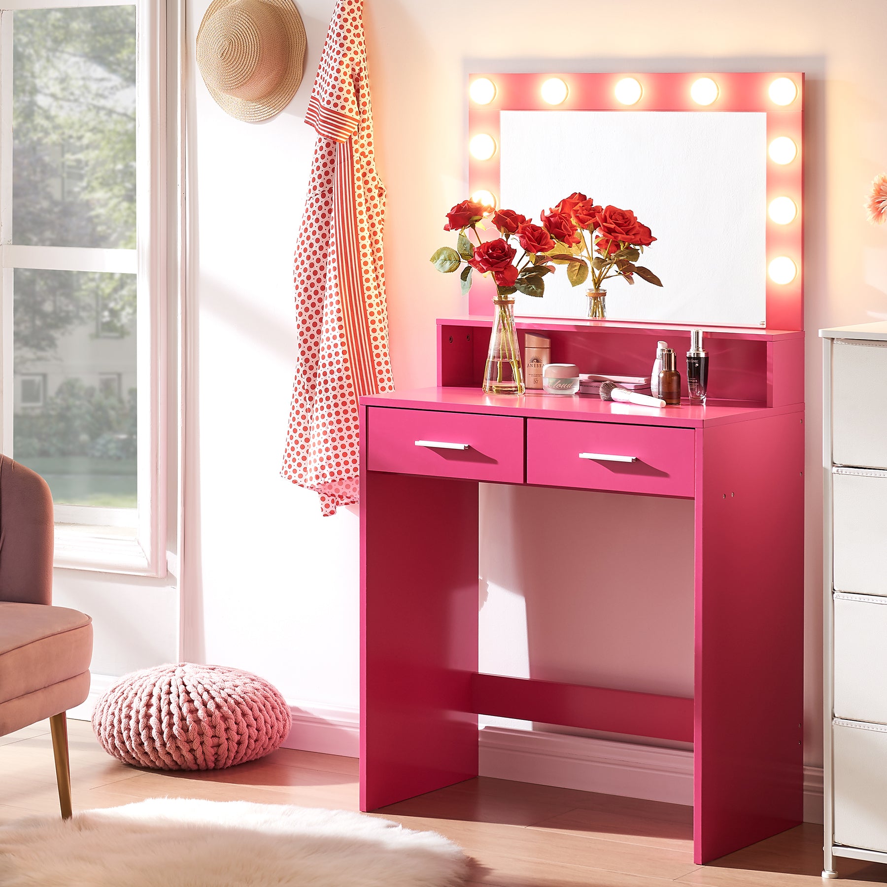 Vanity Desk With Mirror And Lights, Dressing Table With Large Drawer, 2 Level Storage Dresser & 3 Lighting Modes Adjustable Brightness, Suitable For Bedroom Rose Pink Rose Pink Particle Board