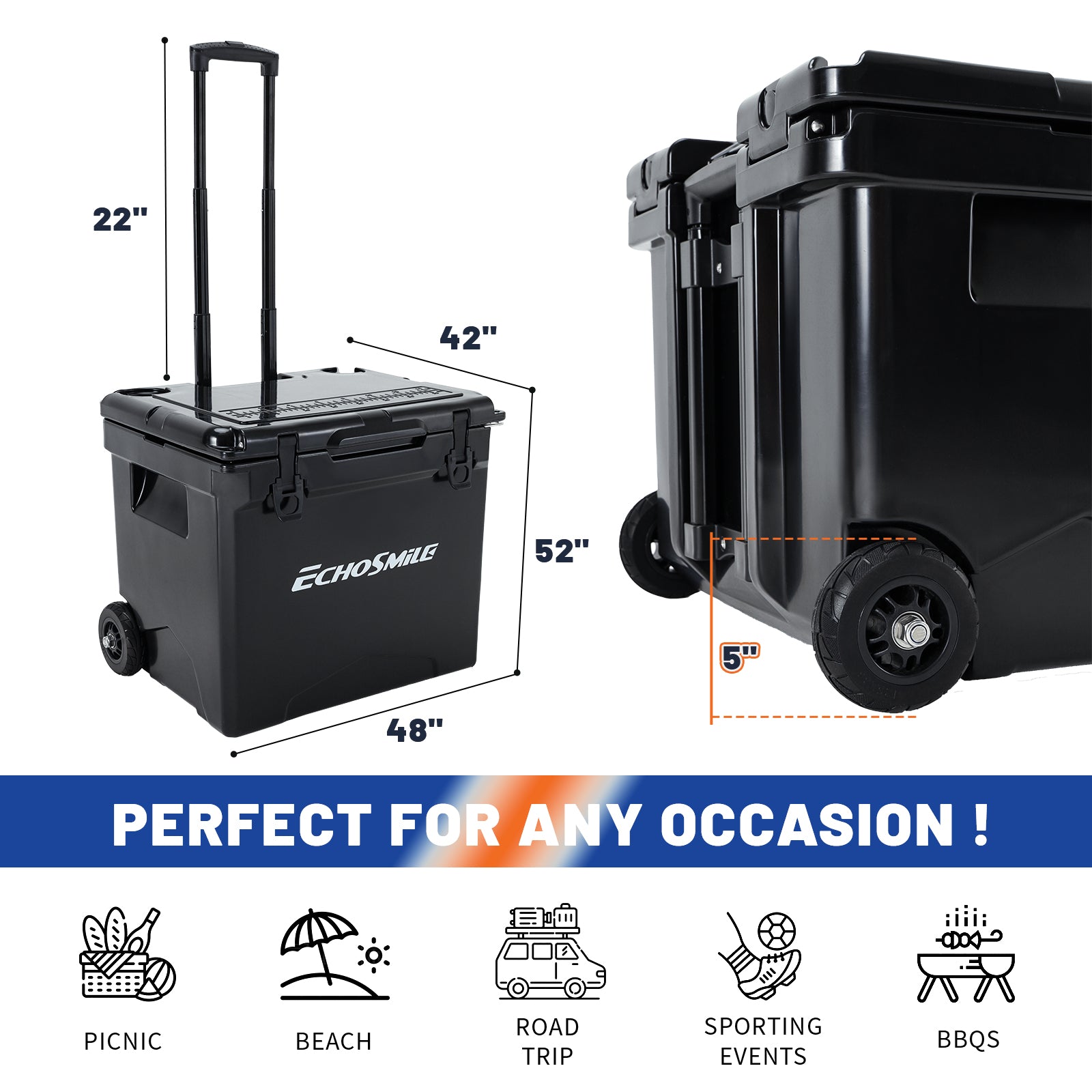 45Qt Black Insulated Box With Wheels And Trolley Black Polyethylene