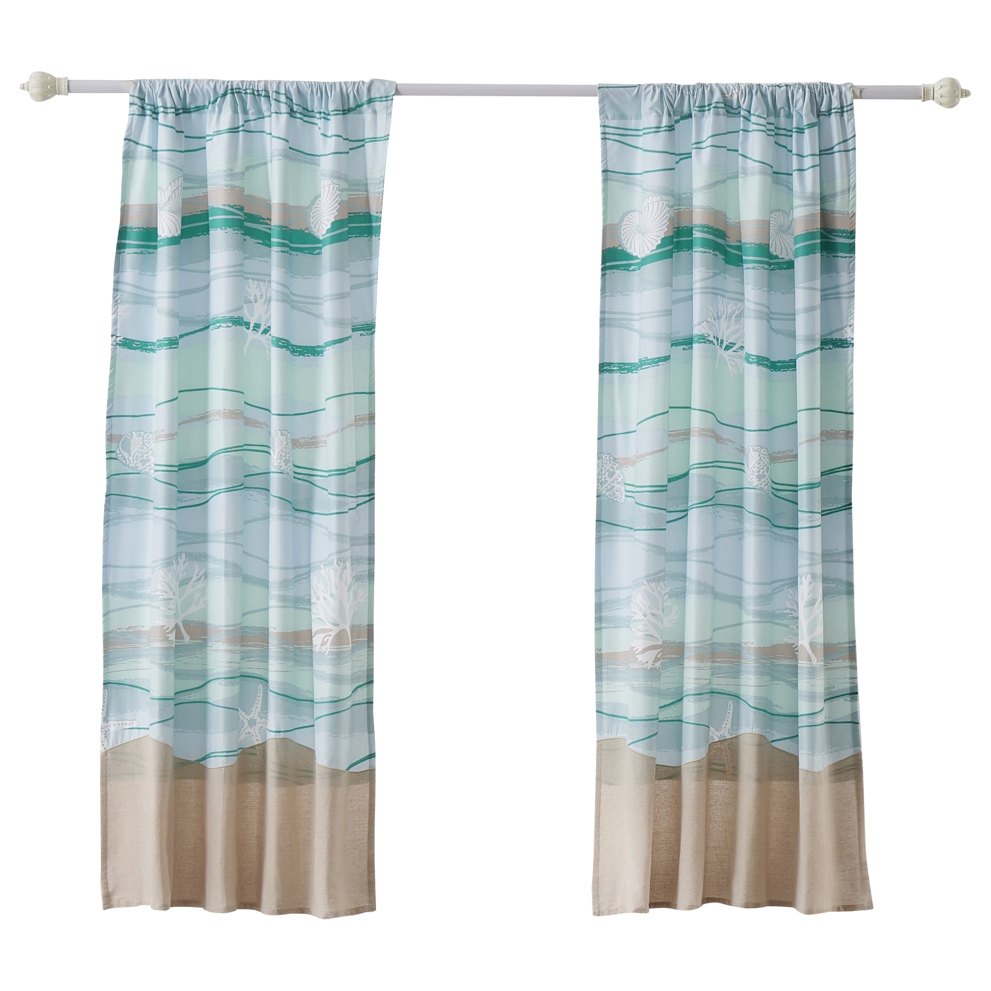 Vira 63 Inch Window Curtains, Ocean Waves And Sand Print, Rod Pockets Blue Brown Microfiber