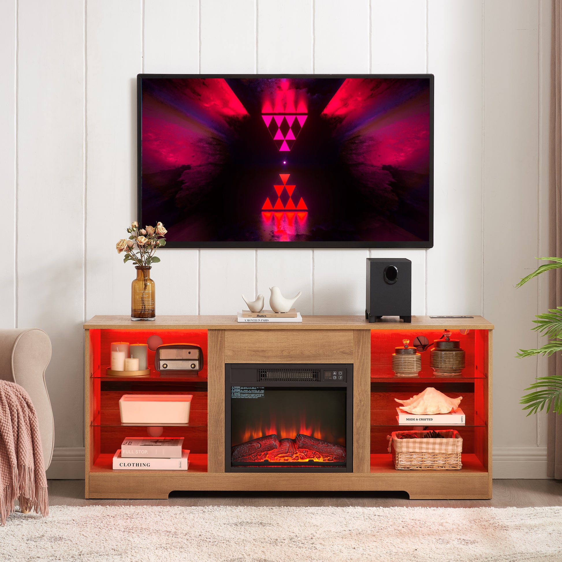 Tv Stand Electric Fireplace Glass Shelves, 3D Fireplace Tv Stand With Led Lights Wood With Usb Charging Outlet Modern Television Table Center For Tv Up To 62" Oak 58''W*15.5''D*24.4 Oak 60 69 Inches