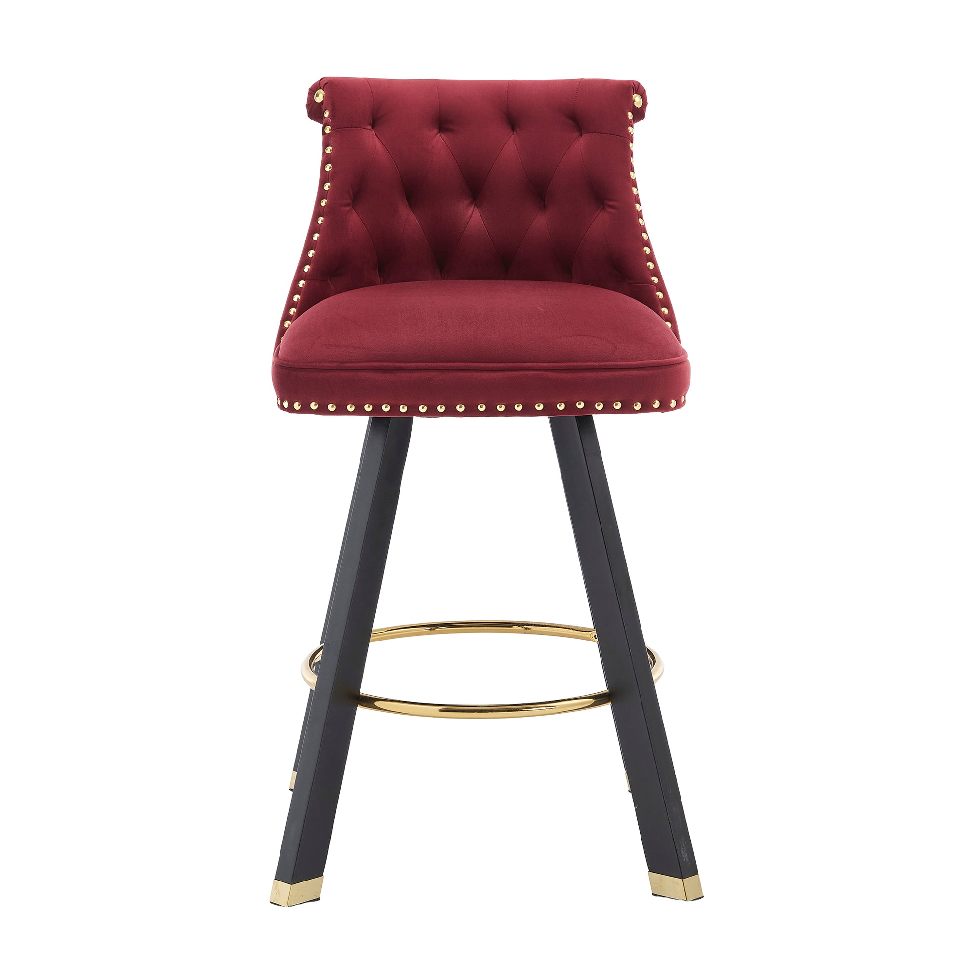 Coolmore Set Of 2,Back Pull Point Design, Velvet Material, 360 Degree Rotation, Back Pull Loop Detachable Design, Rivet Decoration, Square Foot Wooden Bar Chair Red Velvet