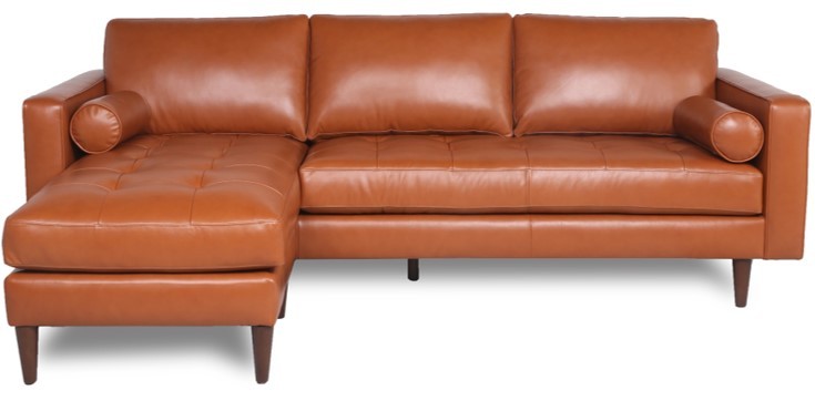 Mid Century Tufted Leather Sectional With Reversible Chaise Cognac Leather 3 Seat