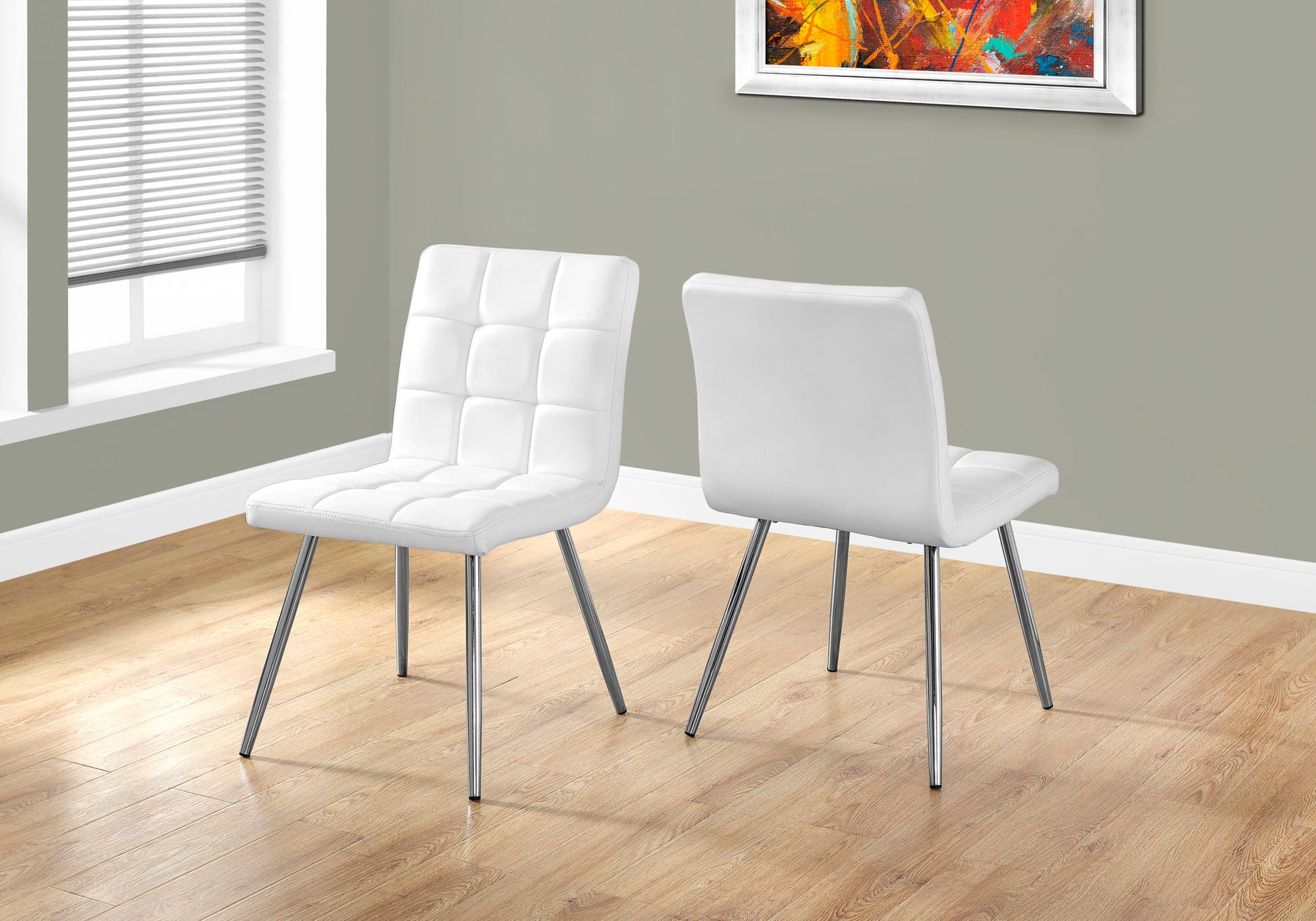 Dining Chair, Set Of 2, Side, Upholstered, Kitchen, Dining Room, White Leather Look, Chrome Metal, Contemporary, Modern White Foam Faux Leather