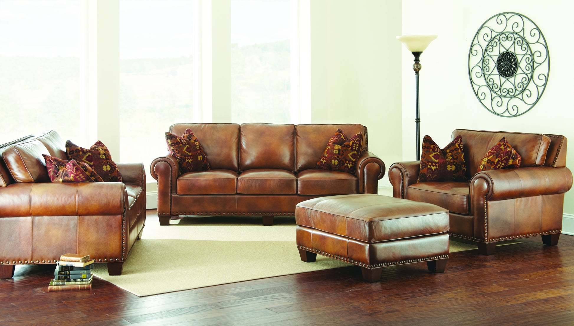 Rustic All Leather Chair Premium Construction, Top Grain Leather Nail Head Trim, Contrasting Pillows Comfort And Style In Casual Living Spaces Camel Foam Leather