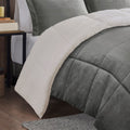 Plush To Sherpa Down Alternative Comforter Set Queen Charcoal Ivory Polyester