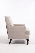 Upholstered Accent Chair, Vintage Armchair With Blue And White Striped Linen Fabric And Trim For Living Room Grey Cotton