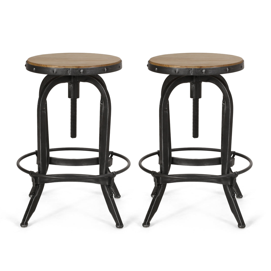 Industrial Firwood Adjustable Height Swivel Barstools Set Of 2 Natural,Pewter Metal & Wood