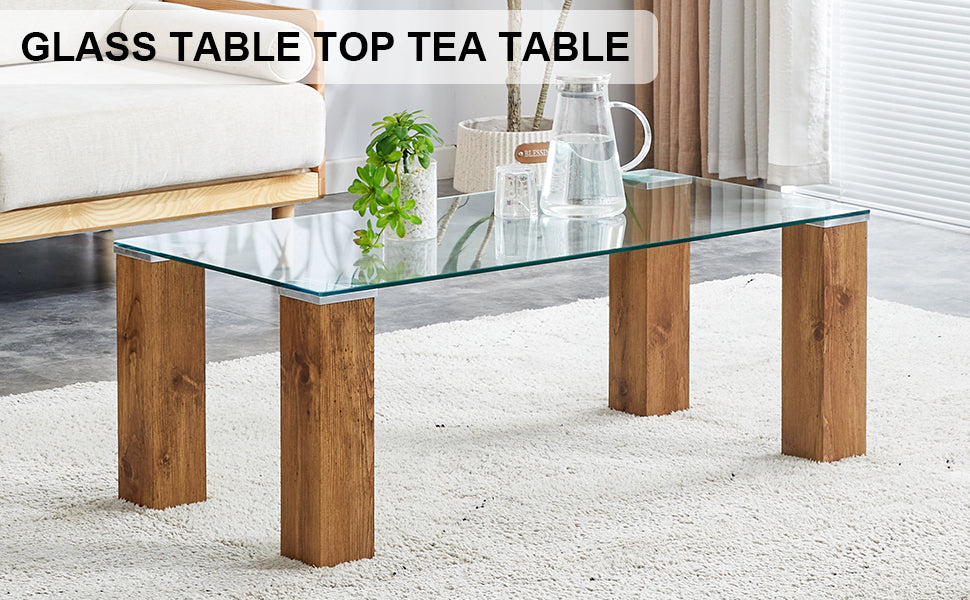 Glass Top Coffee Table,Tea Table, With Mdf Legs Stylish Blend Of Elegance And Durability 44.9"*21.7"*16.9" Transparent Wood Glass