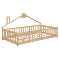Twin House Shaped Bedside Floor Bed With Guardrails, Slats, With Door,Natural Twin Natural American Design Pine