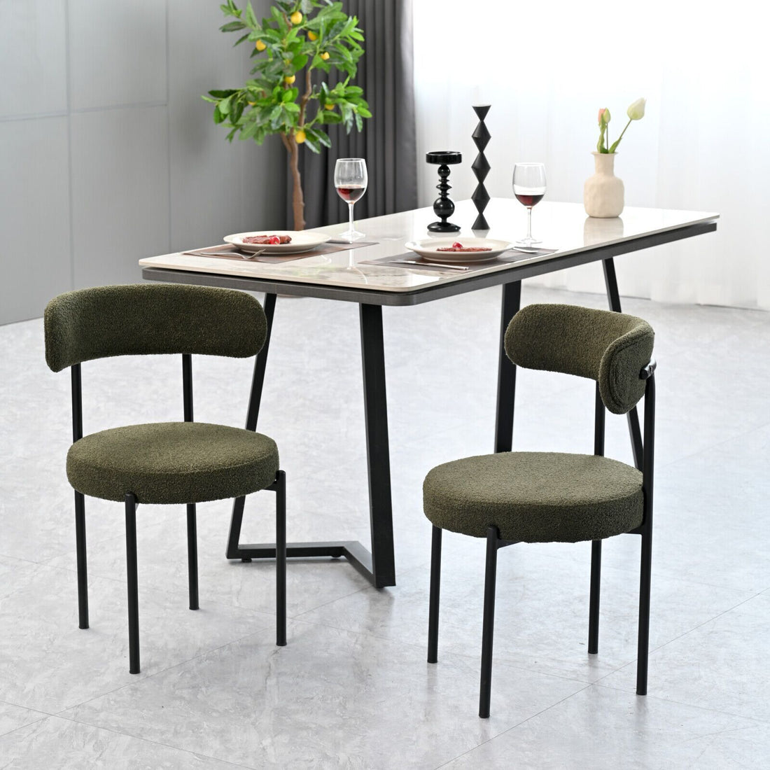 Green Boucle Dining Chairs Set Of 2,Mid Century Modern Curved Backrest Chair,Round Upholstered Kitchen Chairs Metal Green Dining Room Round Modern Dining Chairs Velvet