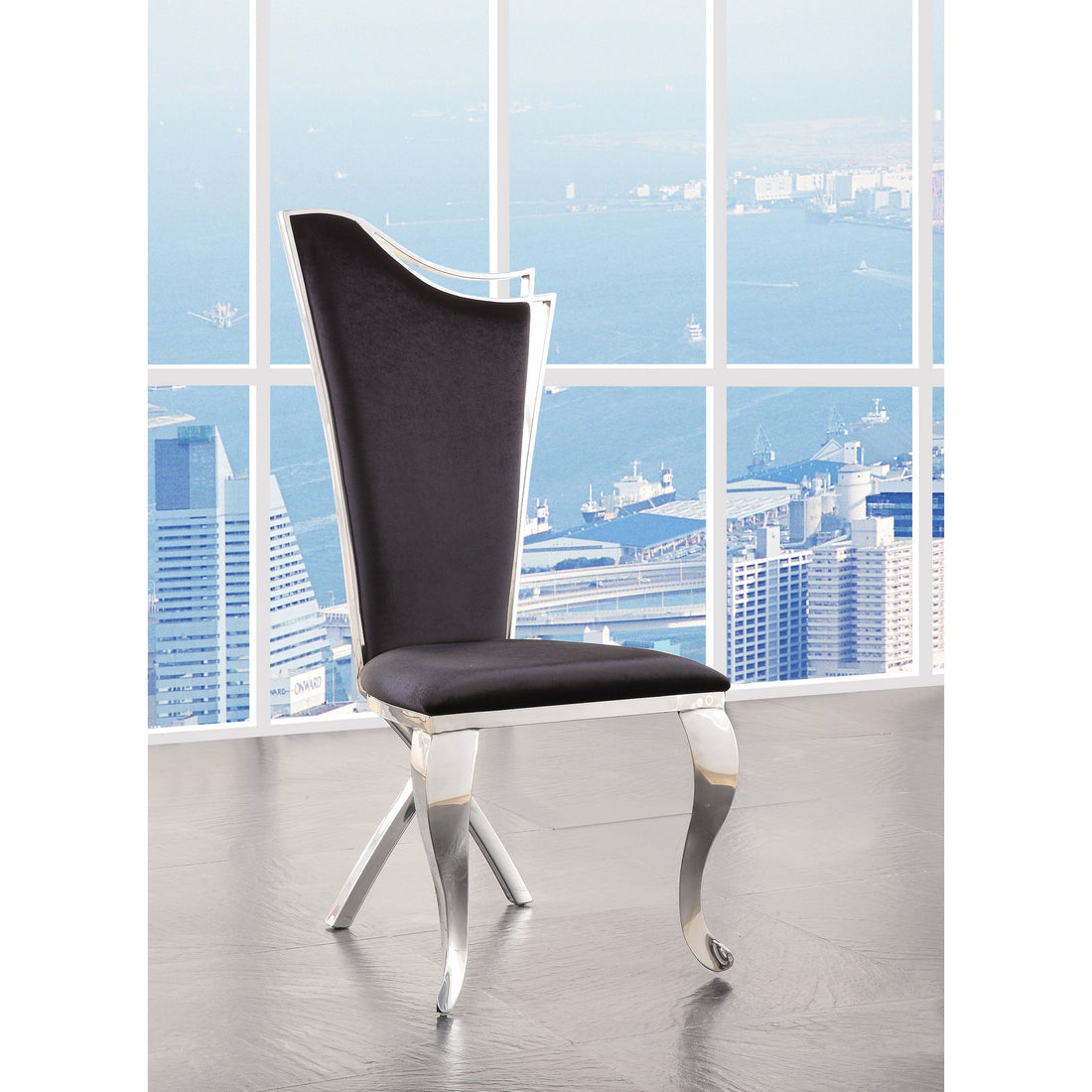 Fabric Upholstered Metal Side Chairs With Asymmetrical Backrest, Silver And Black, Set Of Two Black And Silver Wood Fabric