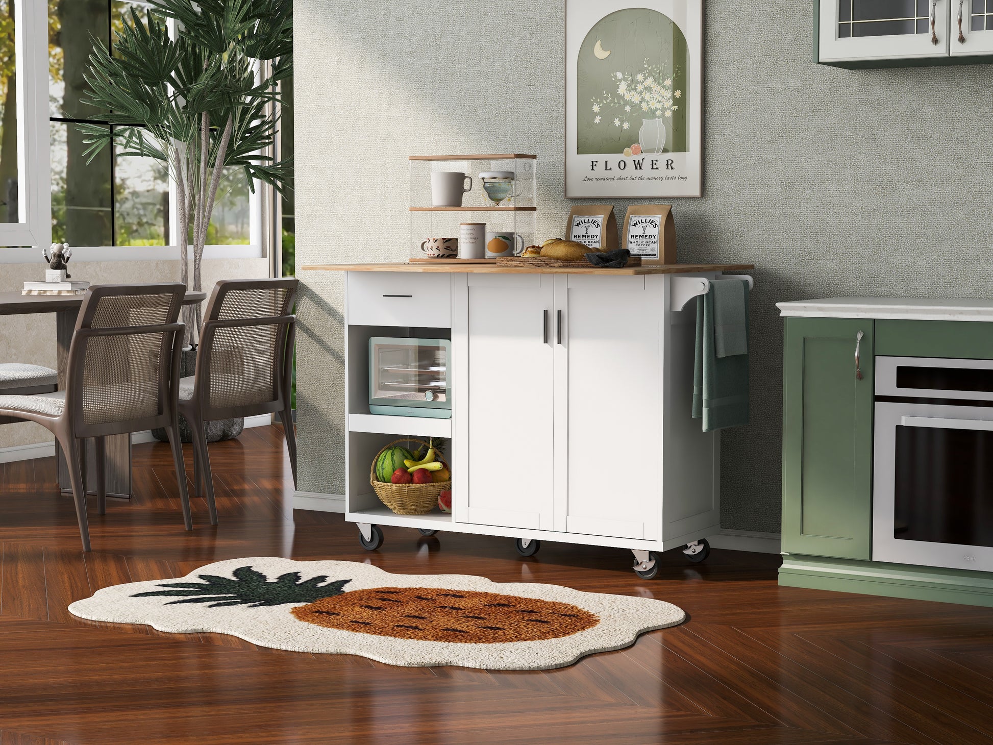 K&K Kitchen Island With Foldable Counter Top, Kitchen Storage Cart With Slide Out Shelf, Towel Rack And Drawer, Rolling Kitchen Cart On Wheels, For Kitchen, Living Room, Dining Room, White White Brown Kitchen Classic,Farmhouse,Luxury,Modern Rectangular