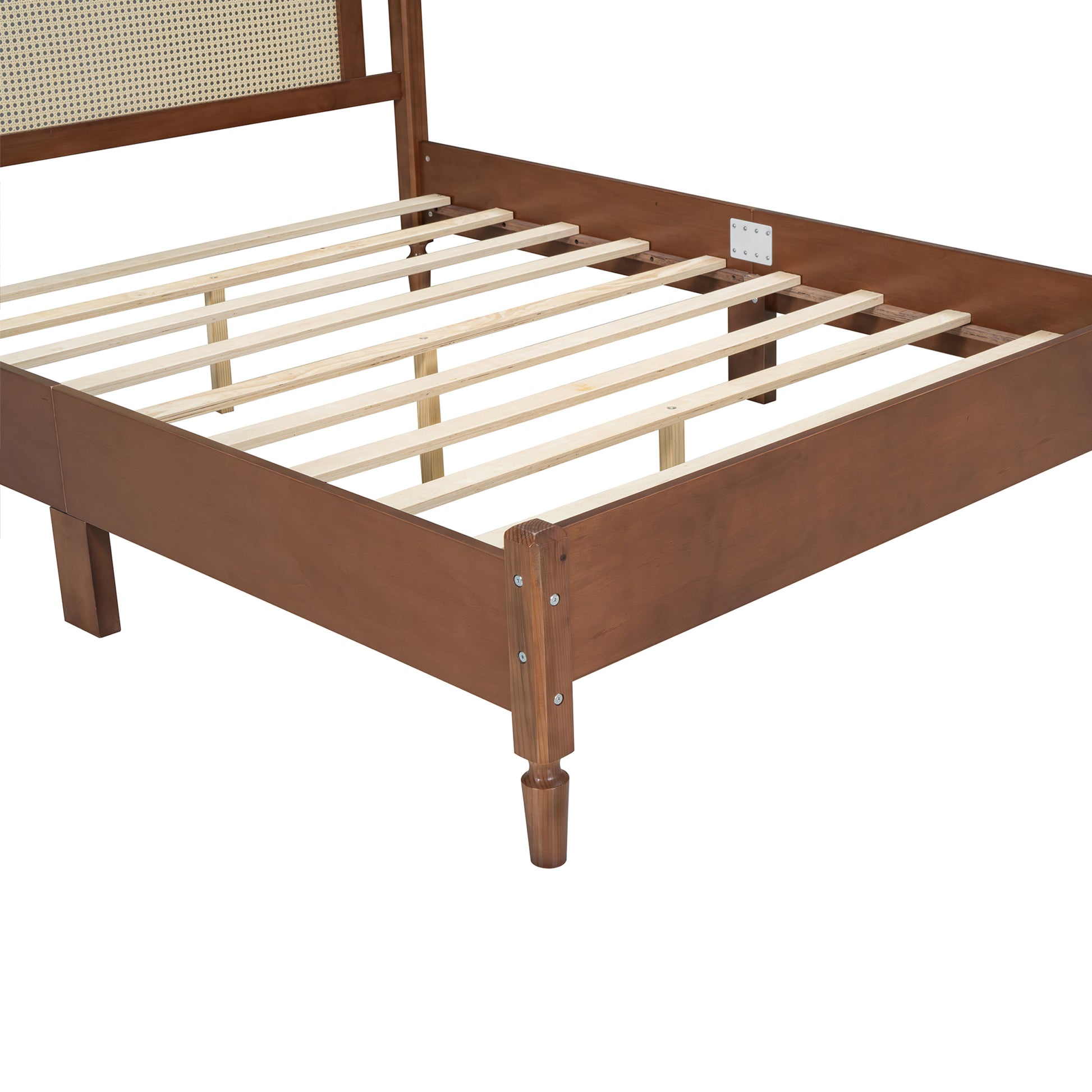 Queen Size Wooden Platform Bed With Natural Rattan Headboard, Vintage Bed Frame With Wooden Slat Support, Walnut Box Spring Not Required Queen Walnut Wood