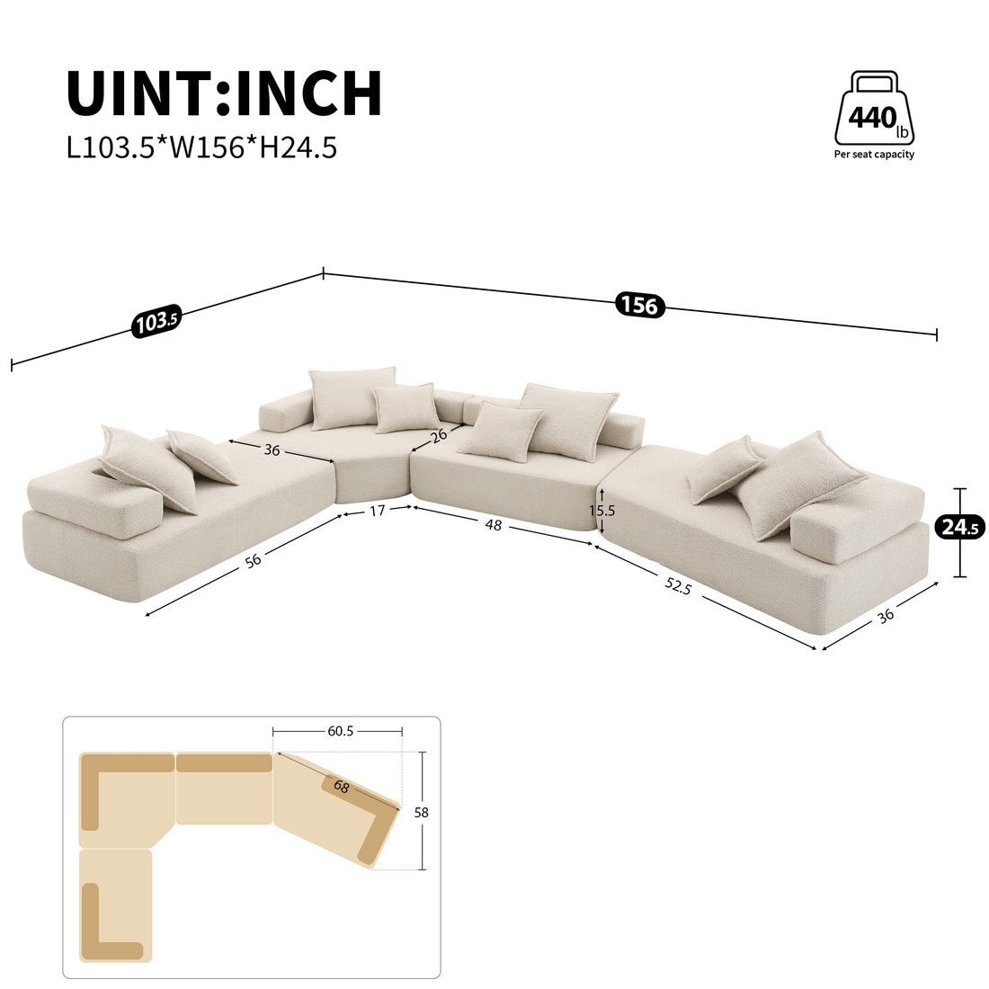 156''Oversized Modular U Shaped Sectional Sofa,Luxury Boucle Floor Couch Set,Convertible Sleeper Couch,Spacious Foam Filled Sofa Bed For Living Room,4 Pc Free Combination,2 Color Beige Boucle 6 Seat