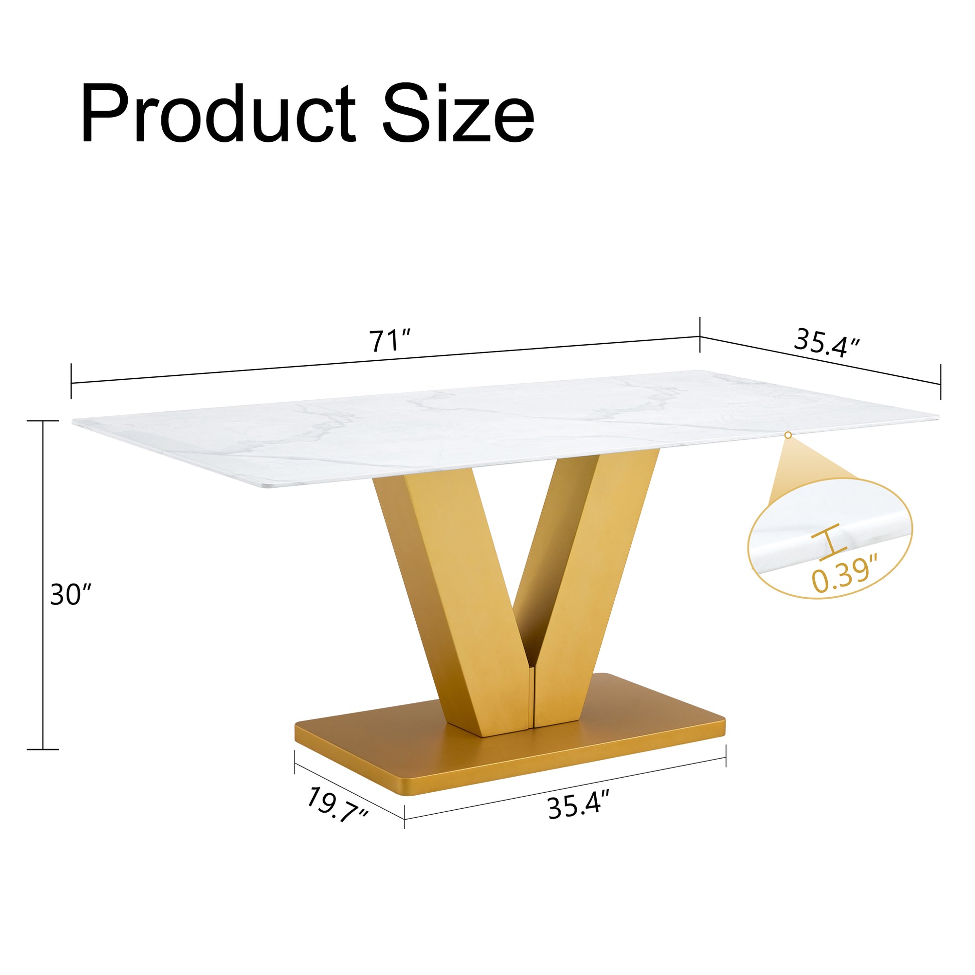 Marble Style White Dining Table For 4 8 People With 0.4 "Table Top And V Shaped Gold Mdf Table Legs Ideal For Kitchens, Dining Rooms, Living Rooms And Banquet Halls Gold Mdf Glass