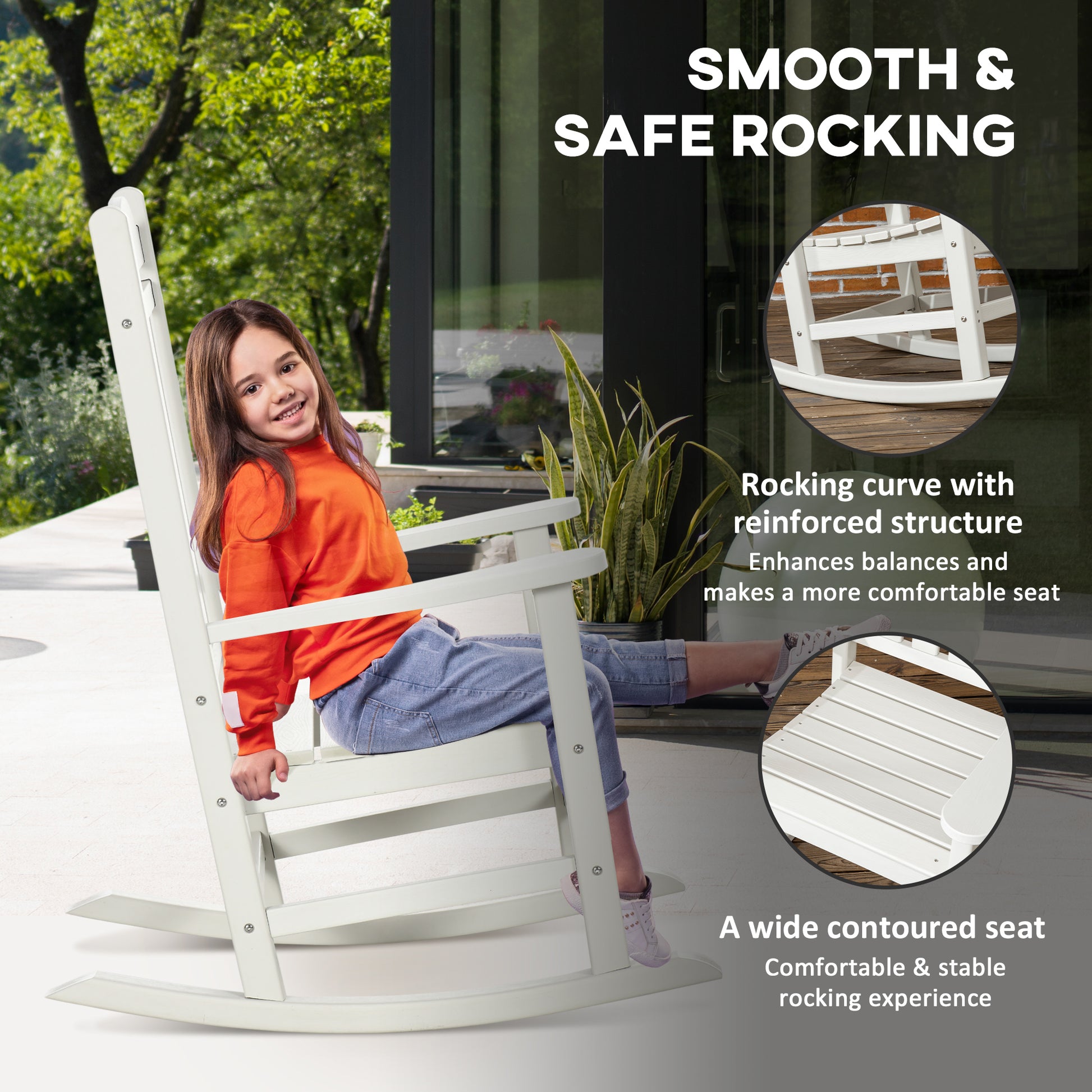 Outsunny Outdoor Rocking Chair, All Weather Resistant Hdpe Rocking Patio Chairs With Rustic High Back, Armrests, Oversized Seat And Slatted Backrest, 350Lbs Weight Capacity, White White Plastic