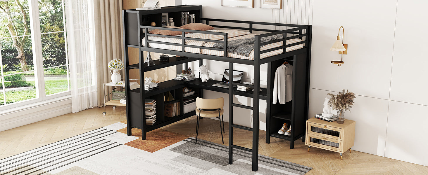 Metal Loft Bed With Wardrobe And L Shaped Desk, Full Size Loft Bed With Storage Cubes And Shelves, Heavy Duty Loft Bed For Kids Teens Adults, Black Full Black Metal