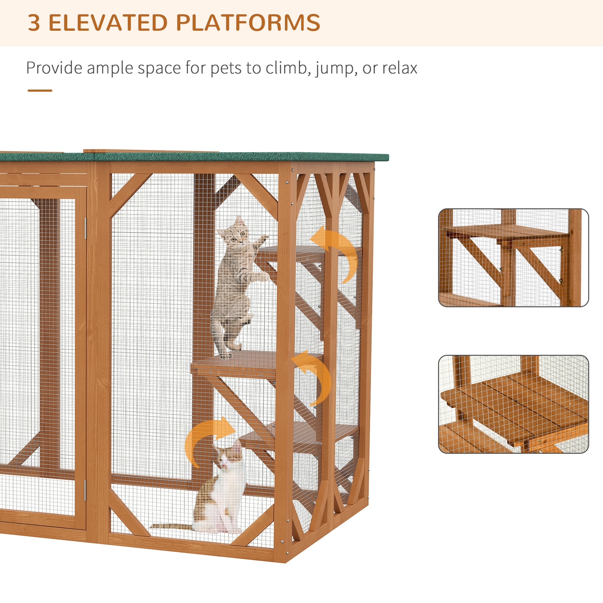 Pawhut Outdoor Cat House, Catio Wooden Feral Cat Shelter, Cat Cage With Platforms, Large Enter Door, Weather Protection Asphalt Roof, 71" L, Orange Orange Wood