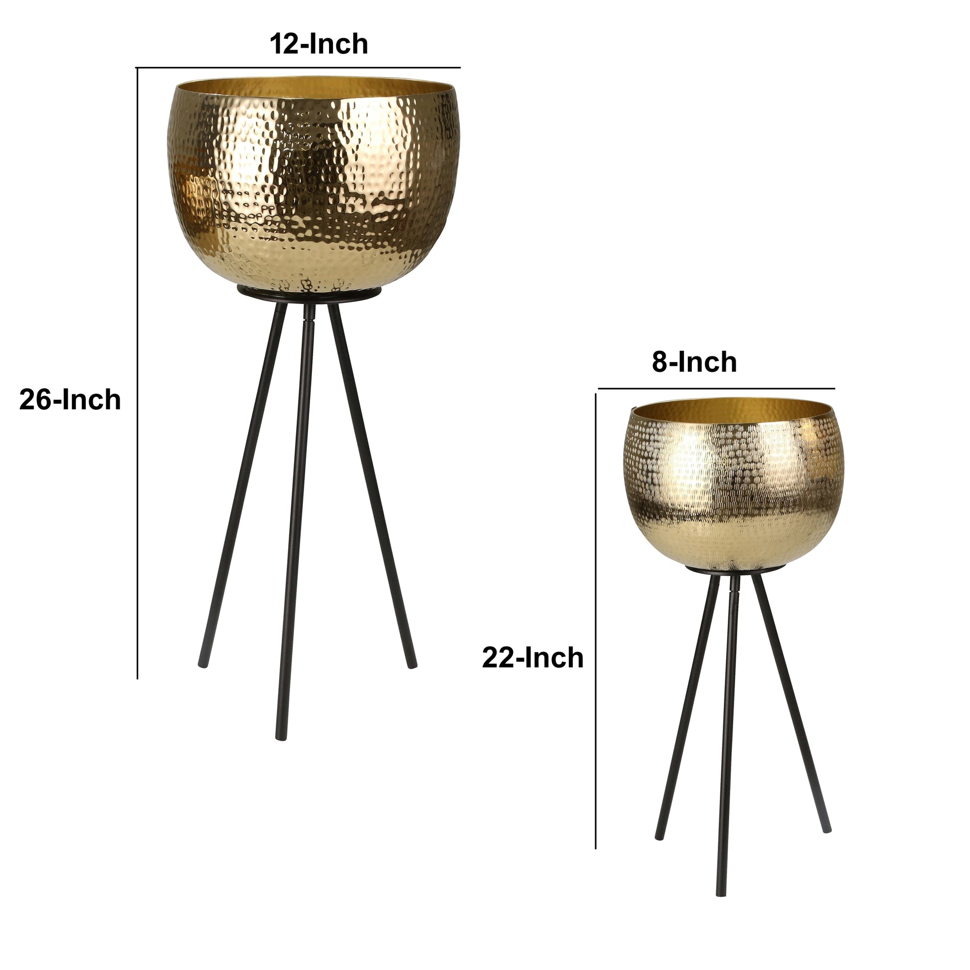 Hammered Textured Metal Bowl Planters On Tripod Base, Set Of 2, Gold And Black Black Gold Iron