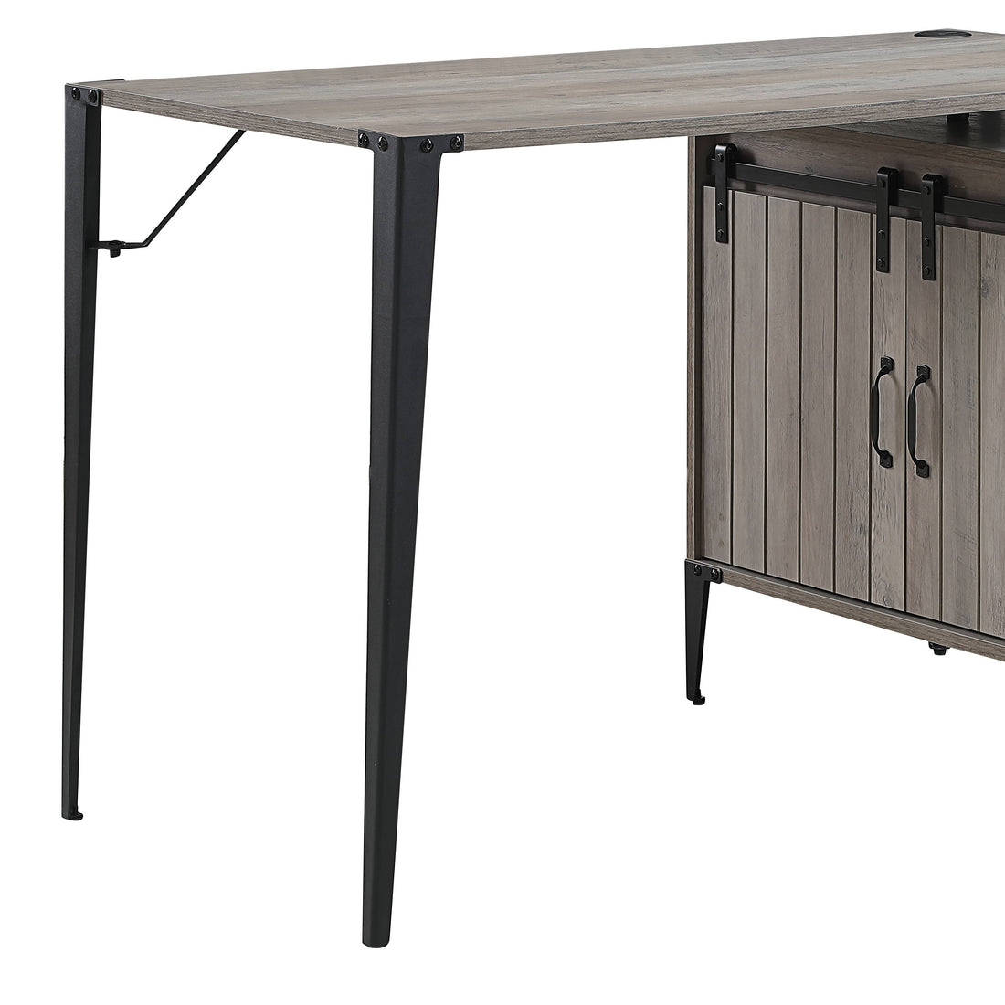 Grey Oak Writing Desk With Sliding Barn Door Grey Black Built In Outlets Or Usb Writting Desk Office Industrial L Shape Shelves Paper Composite