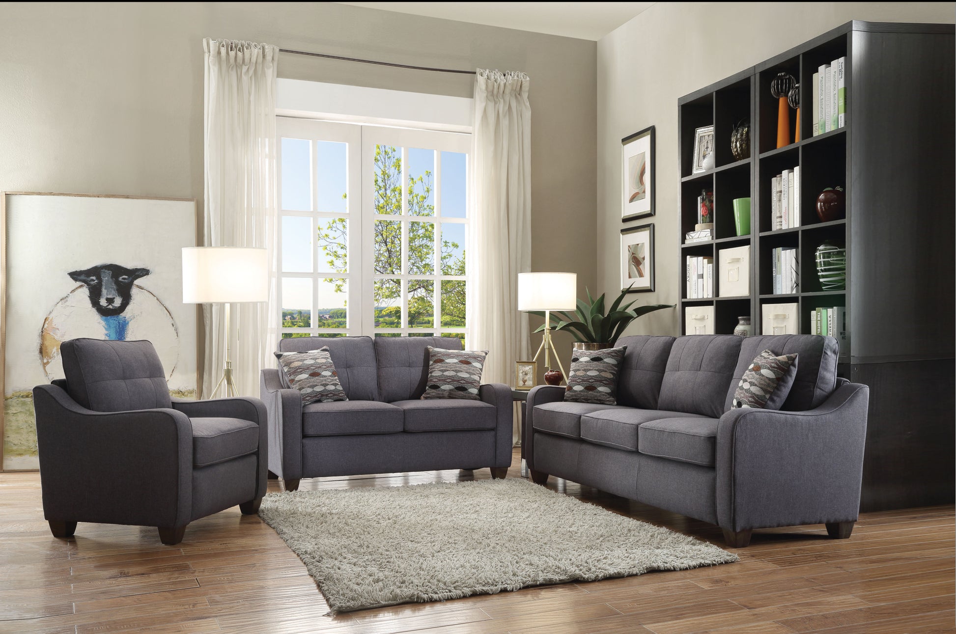 Grey Sloped Arms Loveseat With 2 Accent Pillows Grey Linen Wood Primary Living Space Loose Back Modern Linen