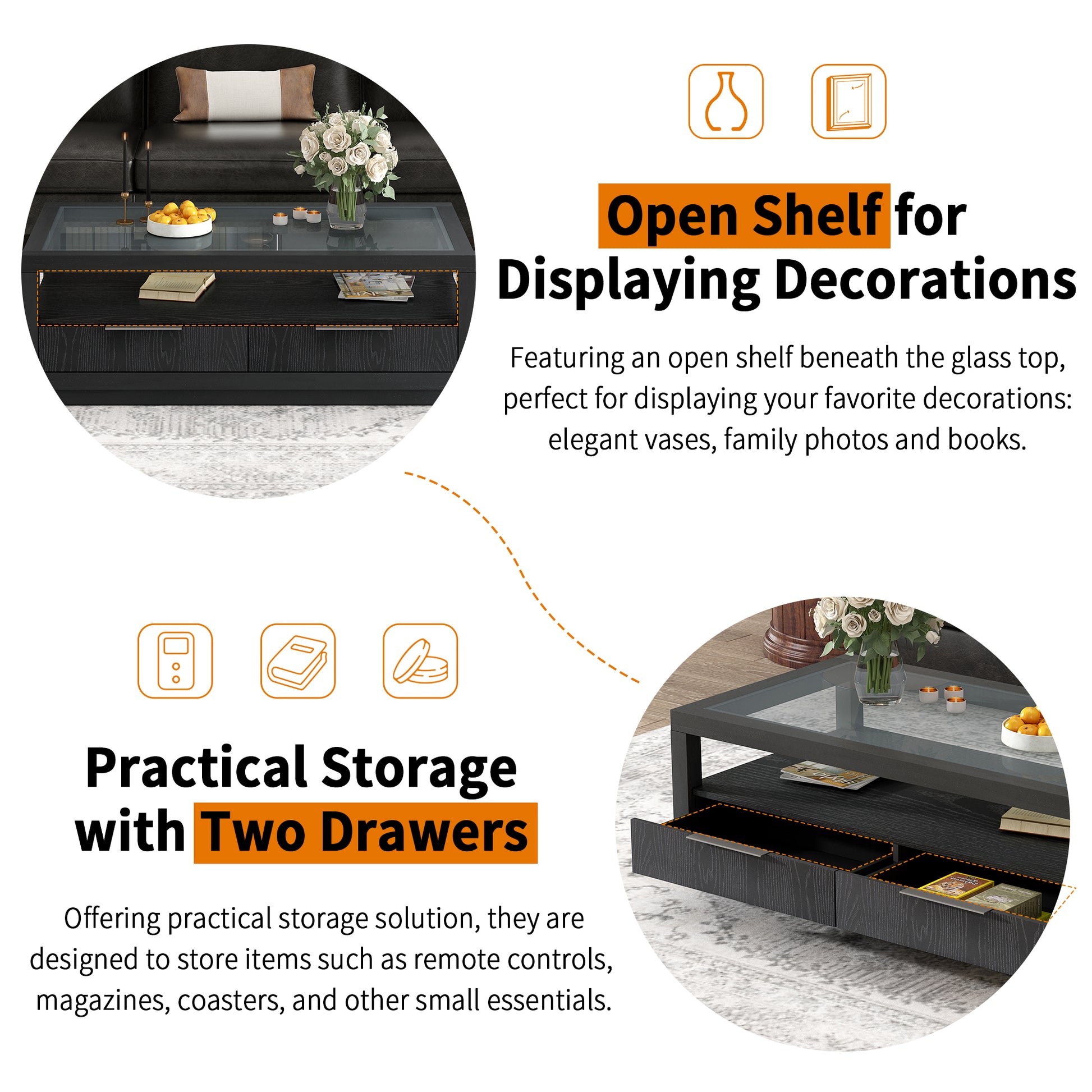 Modern Wood Coffee Table With 2 Drawers ,Minimalist Display Coffee Table With Transparent Tempered Glass, Open Storage Shelf For Living Room Black Solid Wood Mdf