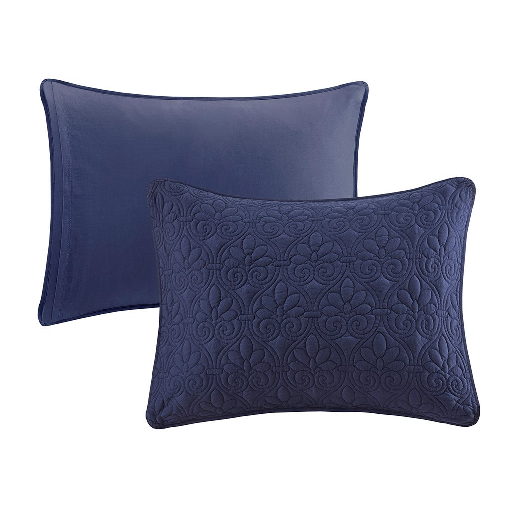 3 Piece Split Corner Pleated Quilted Bedspread Navy Queen Navy Polyester