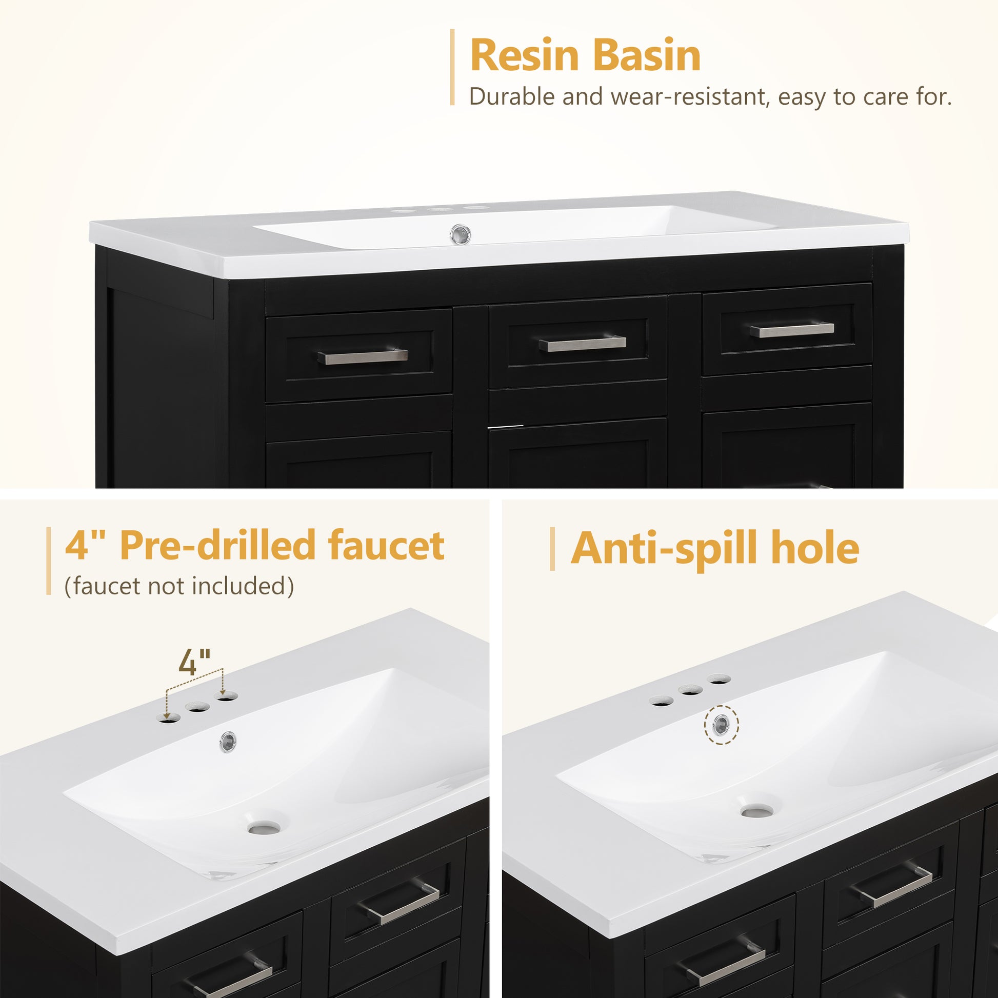 36" Bathroom Vanity Cabinet With Resin Integrated Sink 4 Drawers, 2 Doors Black Bathroom Solid Wood Mdf Resin