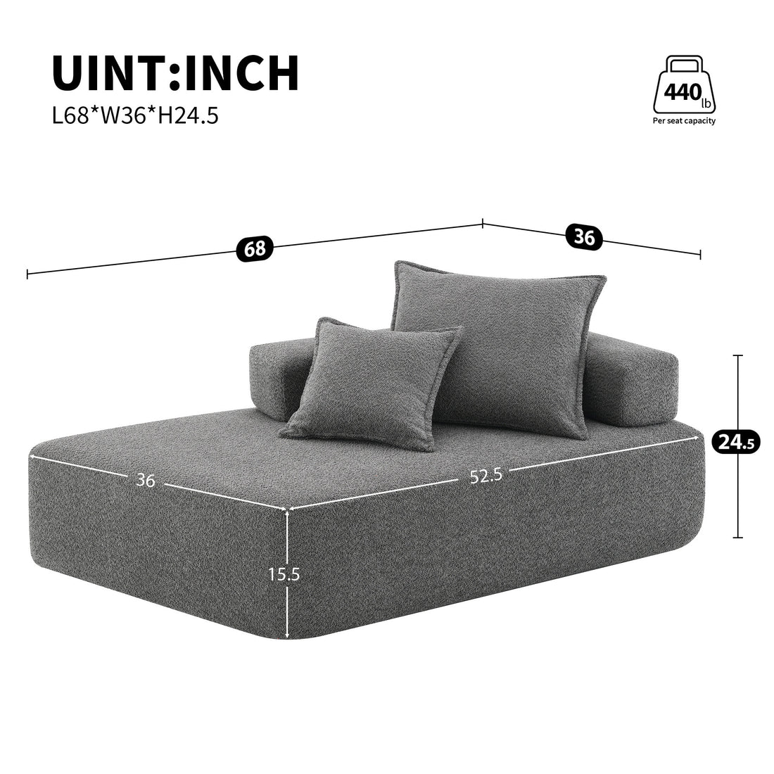 Special Shaped Frame For Oversized Modular U Shaped Sectional Sofa,Luxury Boucle Floor Couch Set,Convertible Sleeper Couch,Spacious Foam Filled Sofa Bed For Living Room Gray Boucle 1 Seat