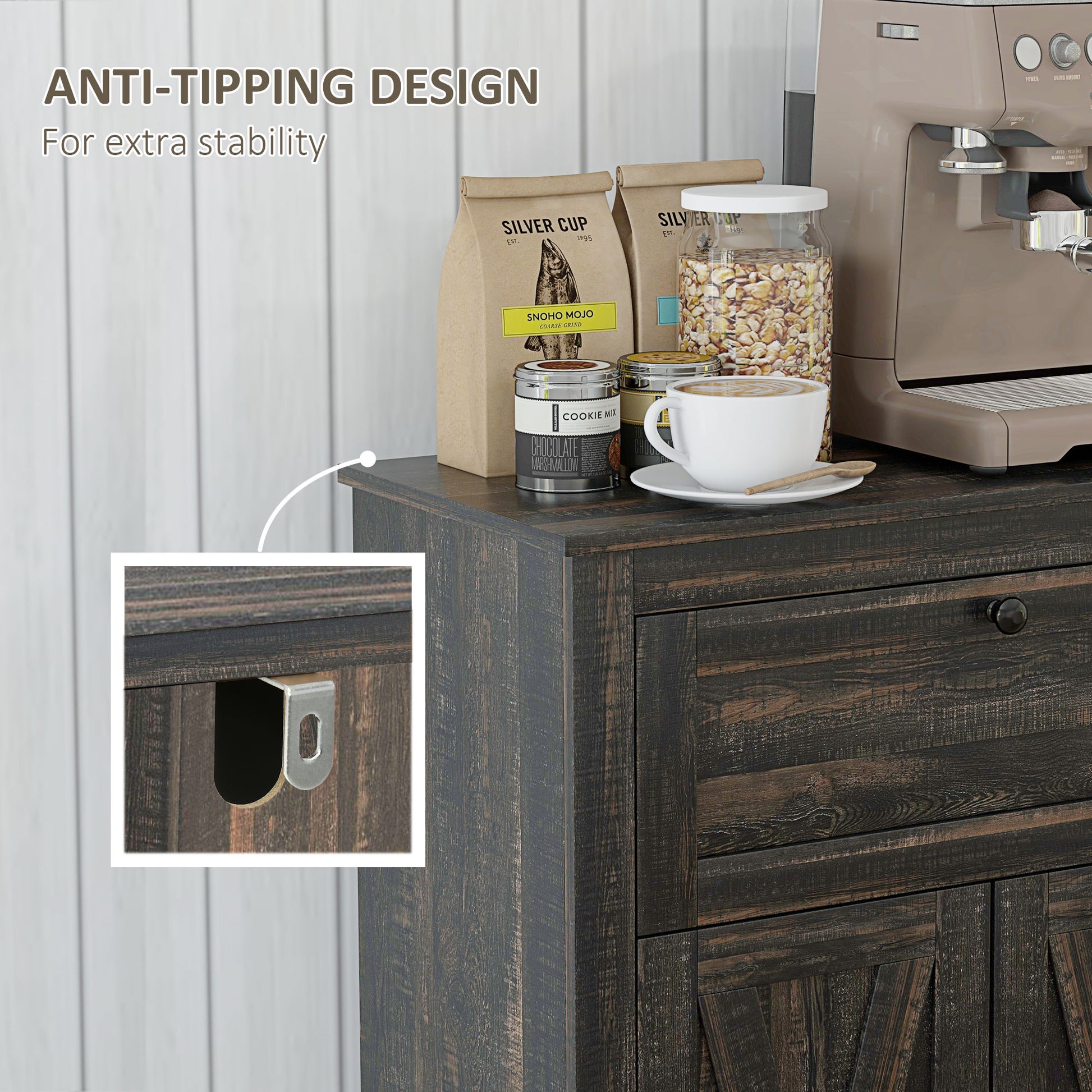 Homcom Farmhouse Barn Door Accent Cabinet, Kitchen Sideboard Storage Cabinet With Double Doors, Drawer, And Adjustable Shelf For Bedroom, Living Room, Dark Brown Brown Particle Board