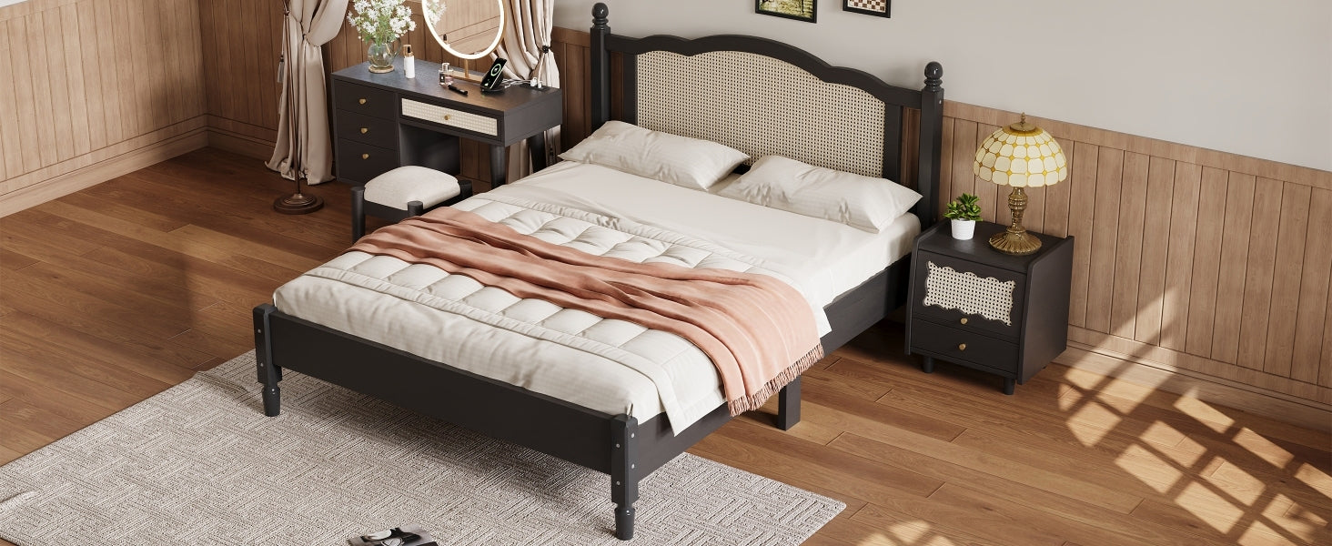 3 Pieces Bedroom Set With Queen Size Wooden Bed Frame, 1 Vintage Nightstand And 1 Makeup Vanity Set With Stool,Black Queen Black 3 Piece Set Wood