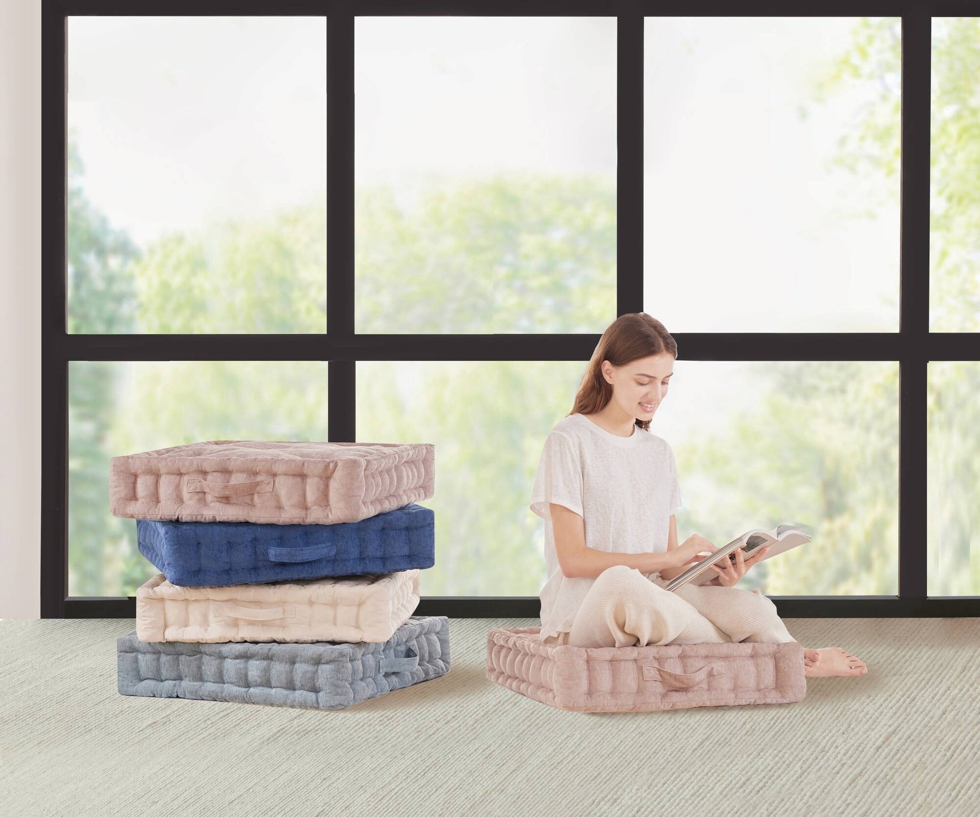 Poly Chenille Square Floor Pillow Cushion 24X24" Blush Polyester