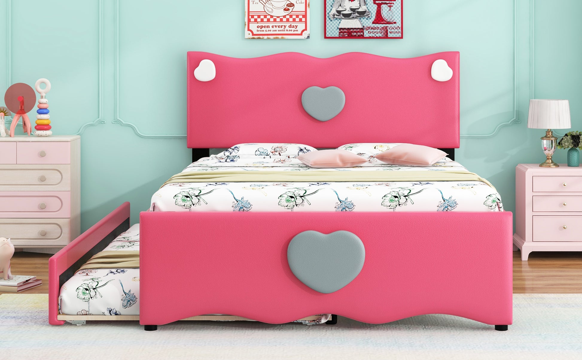 Full Size Upholstered Platform Bed With Trundle And Heart Shaped Decoration, Dark Pink Box Spring Not Required Full Dark Pink Wood Bedroom Bed Frame Faux Leather Upholstered