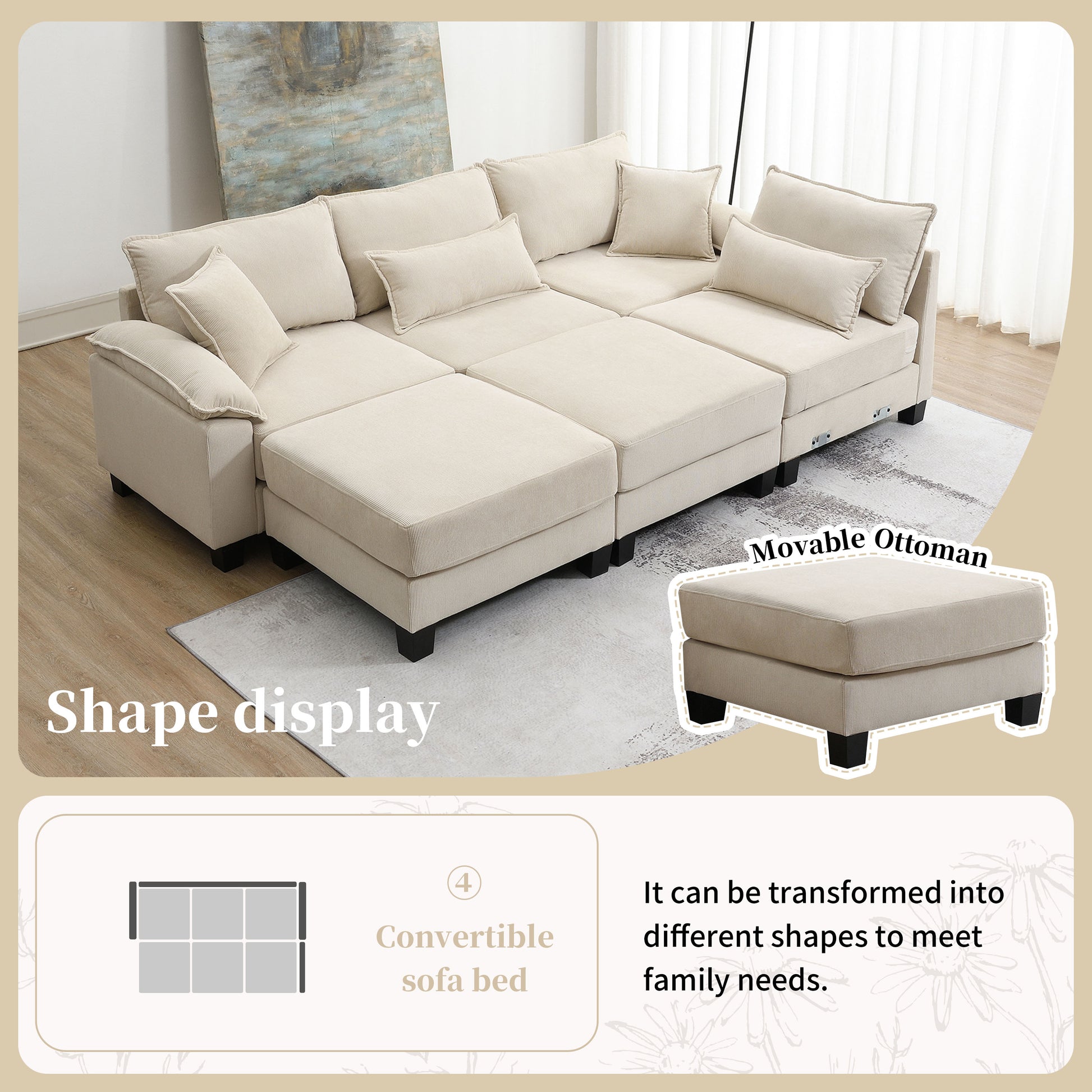 Wide Seat Corduroy Modular Sectional Sofa Bed,Sleeper Couch Set With Armrest Pillow,6 Seat Free Combination Sofa With Ottomans,Oversized Indoor Furniture For Living Room, 2 Colors Beige Corduroy 6