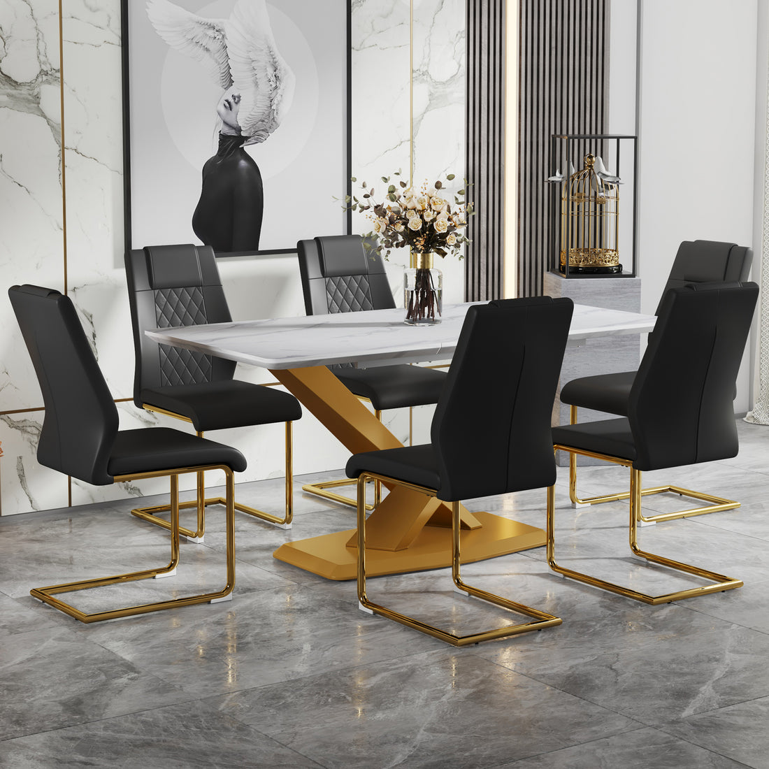 Table And Chair Set, The Table Is Equipped With A Marble Patterned Mdf Tabletop And Gold Table Legs.Dining Chairs,Gold Legged Upholstered Chairs Made Of Artificial Leather. Black Gold Seats 6 Mdf