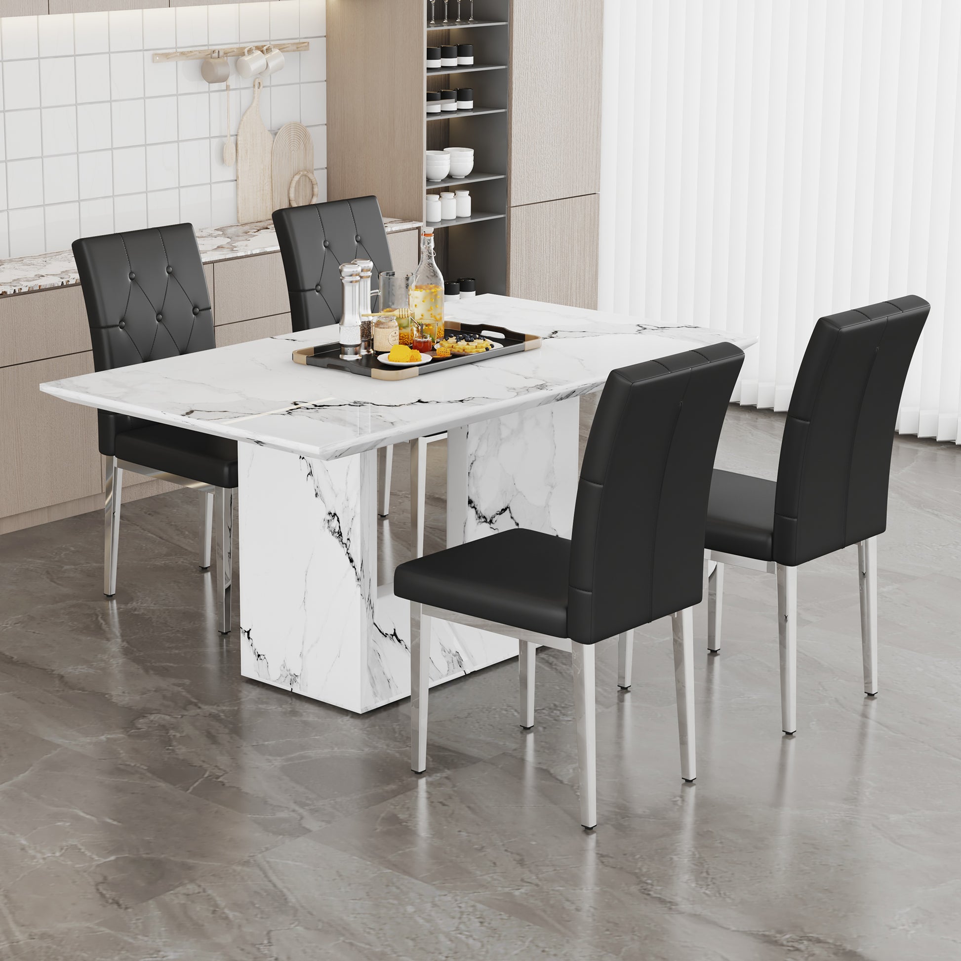 Table And Chair Set.63"X35.4" White Marble Patterned Mdf Dining Table Set With 4 Armless Black Pu Chairs.Showcasing A Modern And Stylish Look. Black,White Seats 4 Mdf Metal