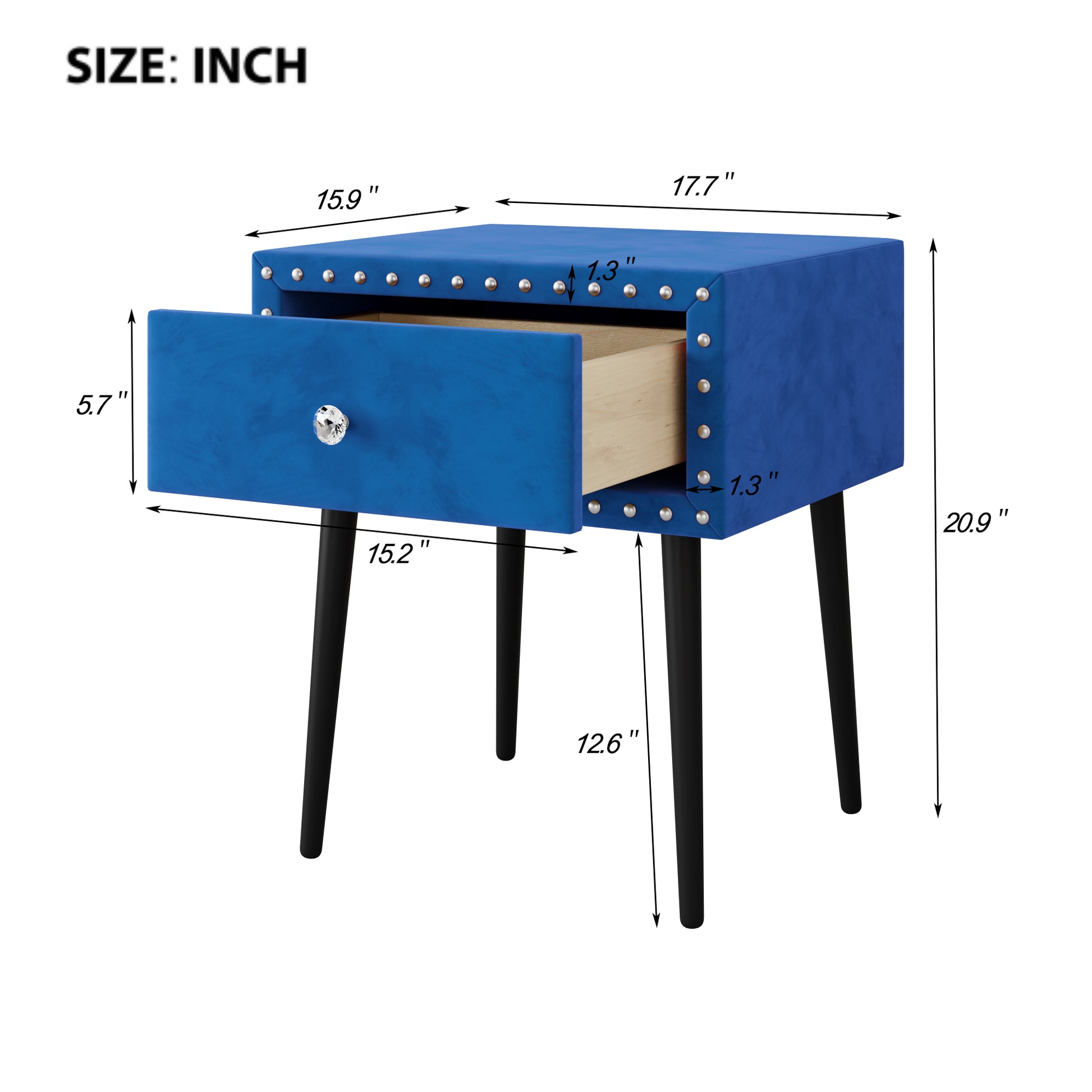 Modern Nightstands Set Of 2 With Drawer And Crystal Handle, Elegant Rivet Velvet Design Bedside Table For Bedroom, Blue Blue 1 Drawer Bedside Cabinet Mdf