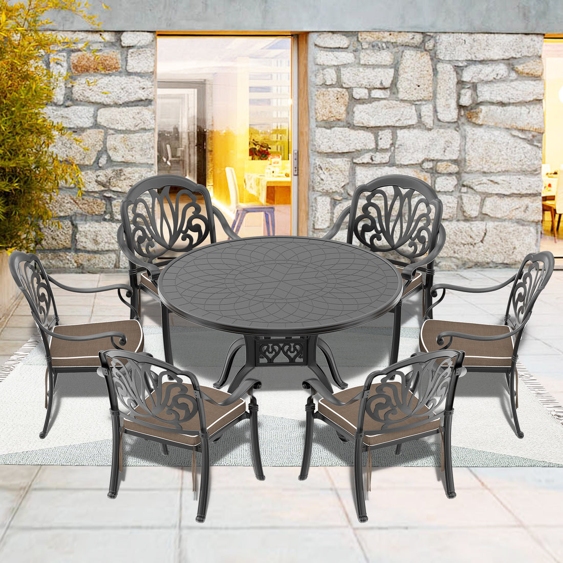 Cushions In Random Colors 7 Piece Set Of Cast Aluminum Patio Furniture With Cushions Yes Dining Set Black Seats 6 Rust Resistant Frame Water Resistant Cushion Garden & Outdoor Complete Patio Sets Aluminium