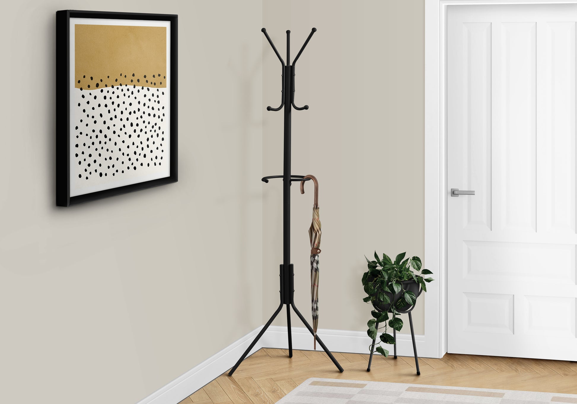 Coat Rack, Hall Tree, Free Standing, Hanging Bar, 6 Hooks, Entryway, 68"H, Bedroom, Black Metal, Contemporary, Modern Black Metal