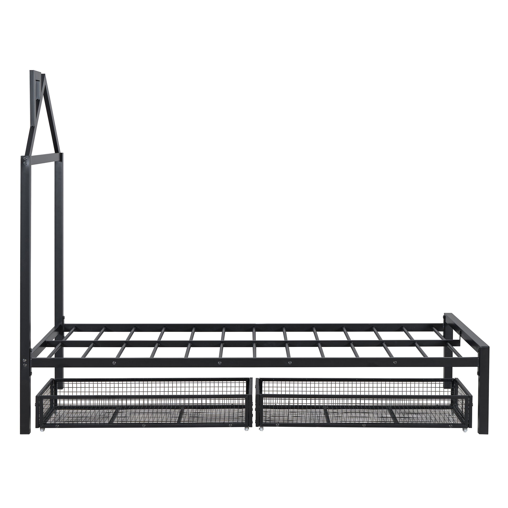Twin Size Metal Platform Bed With Two Drawers,House Shaped Headboard Design, Black Twin Black Metal