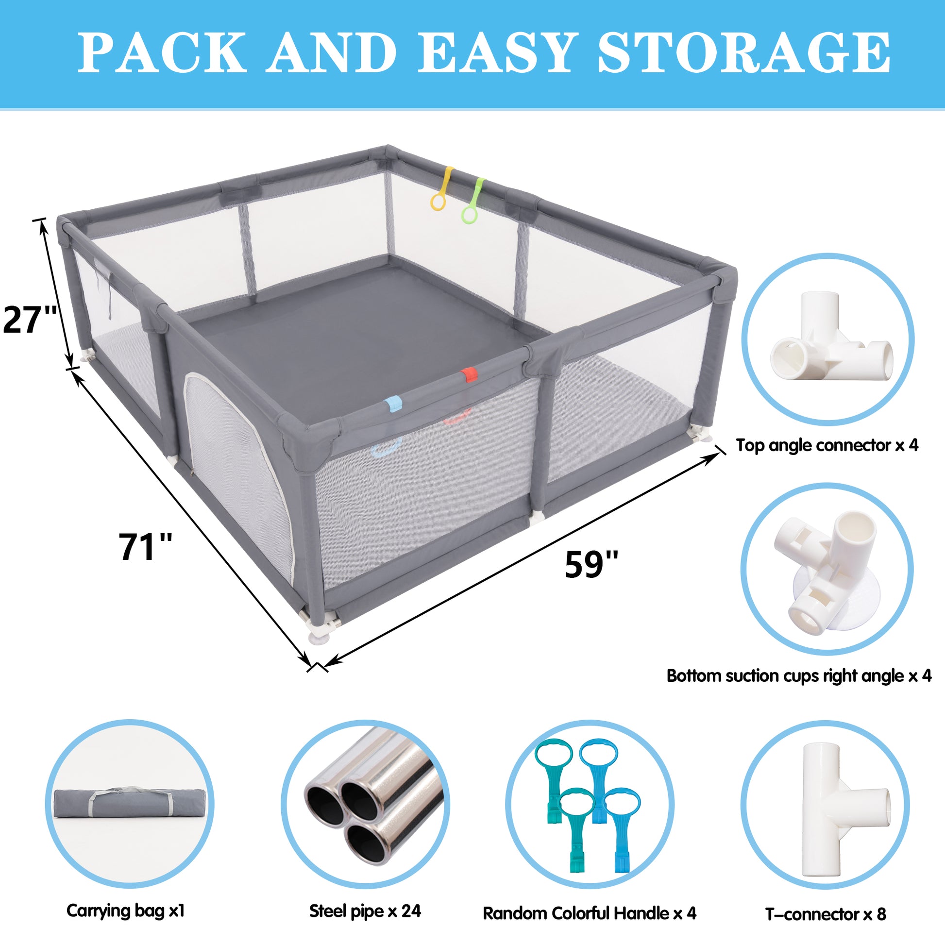 Fabric Baby Playpen, Baby Fence Play Area With Anti Slip Base Gray Fabric Metal