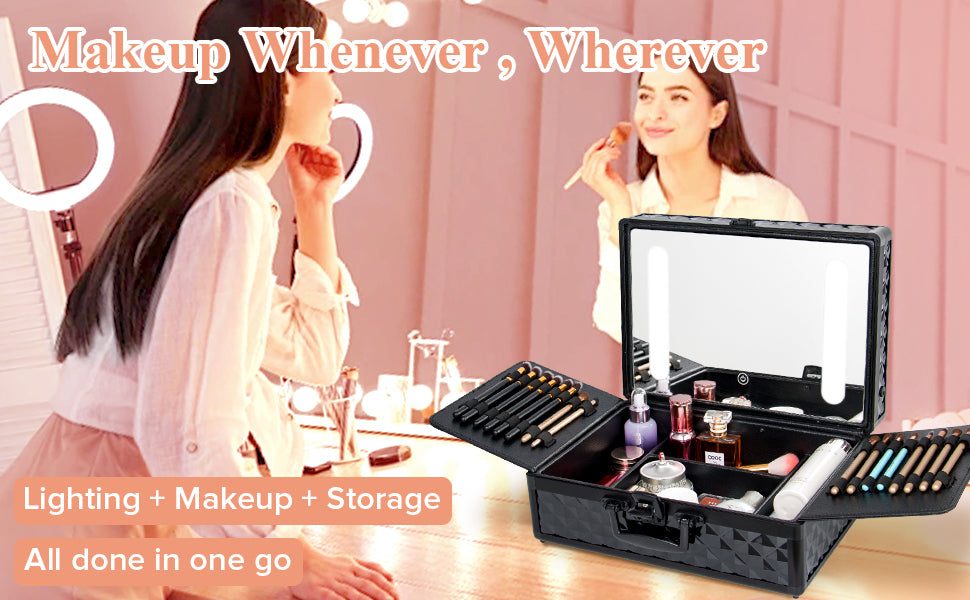 Portable Makeup Case With Led Mirror Travel Makeup Bag Cosmetic Organizer Box With Locks, Brush Holder, Dividers, Rechargeable, Black Black Aluminium Alloy